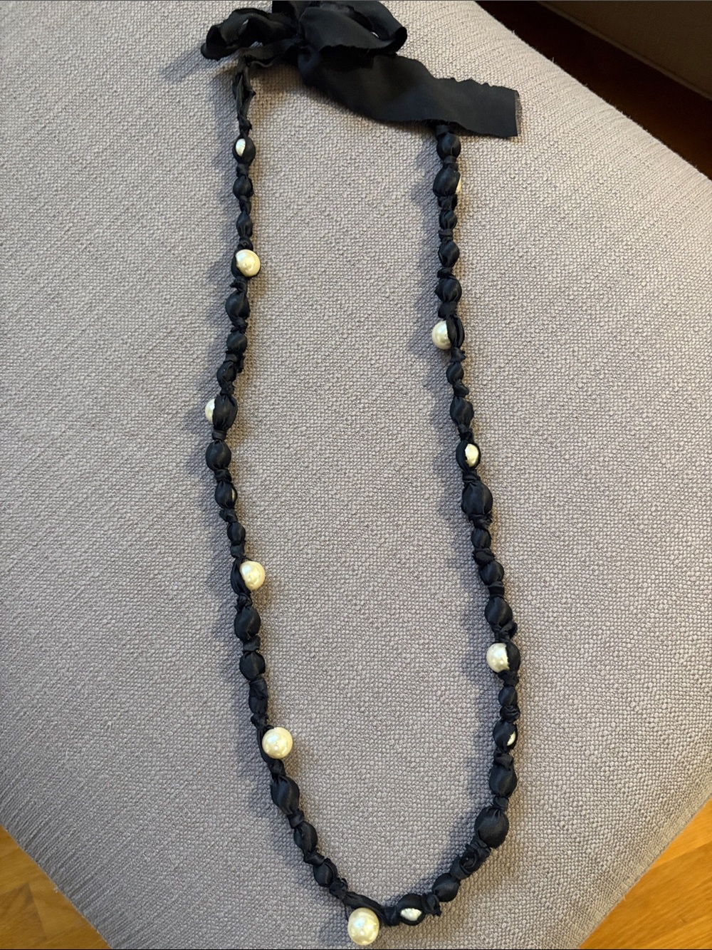 J. Crew Black Ribbon Necklace with Pearl Accents